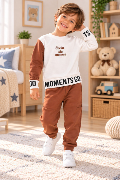 SERPİL Ss Gi̇yi̇m Boys' Brown and White 2-Piece Tracksuit Set – Printed Sweat...