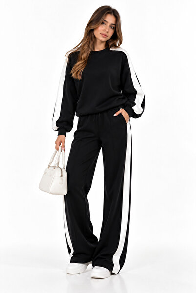 Kadın Şerit Detaylı Modal Sweatshirt Bol Paça Eşofman Takımı