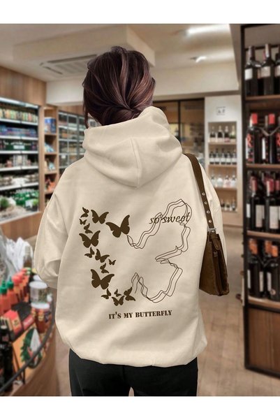 Vordevia Butterfly Printed Premium Oversize Hooded 3 Thread Cotton Sweatshirt