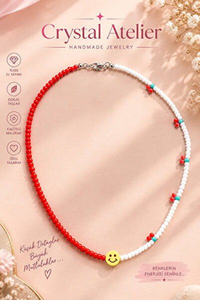 Crystal Atelier Red White Smiley Face Cherry Detailed Bead Necklace Handmade ...