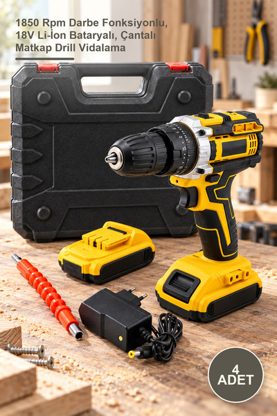 Yenilig 4 Adet Şarjlı Matkap Seti – 1850 Rpm Darbe Fonksiyonlu, 18V Li-İon Bataryalı, Çantalı Matkap Drill Vidalama