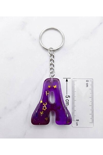 OEM Breloc personalizat din rășină epoxidică, litera "A" violetă cu stele aur...