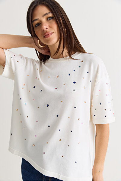 Bianco Lucci Women's Crystal Stone Printed Oversize Mercerized Short Sleeve B...