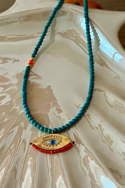Trendy Butik Blue Beaded Orange Stone Eye Figured Necklace