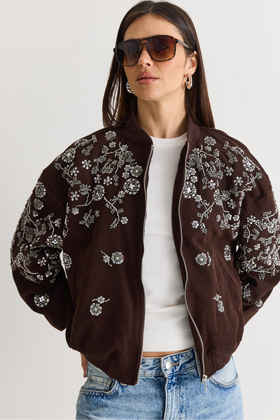 Bianco Lucci Women's Stone and Bead Embellished Oversize Zippered Bomber Jack...
