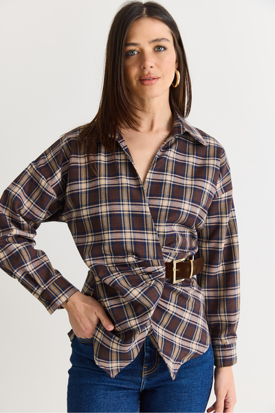 Bianco Lucci Women's V-Neck Plaid Patterned Belt Detailed Shirt 2350 60286567