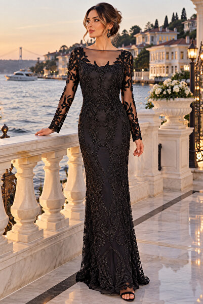 abiye pazarı Noir Signature Transparan Detaylı Uzun Kollu Balık Abiye Elbise