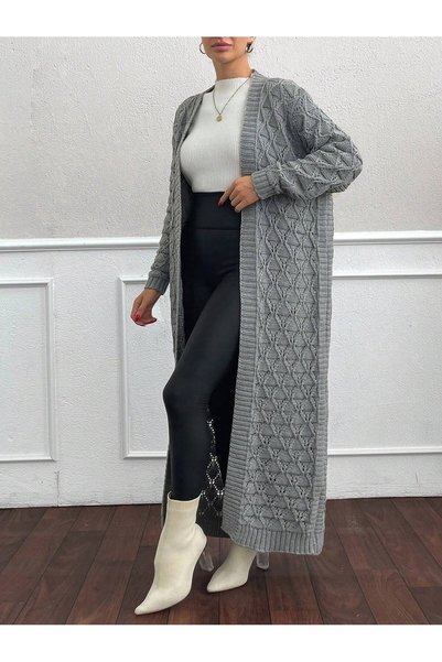 miss sadem Women's Gray Diamond Knit Patterned Open Front Maxi Knitwear Cardigan