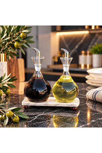 Kitchen Pembelia Mermer Standlı Borosilikat Cam 900 ml Yağdanlık Set Damlatmaz 3’lü Yağlık Set Ayçiçek Yağı Zeytinyağı Şişesi