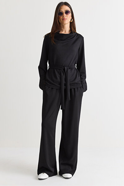 Bianco Lucci Women's Black Degaje Collar Belted Modal Palazzo Trousers Set 59...