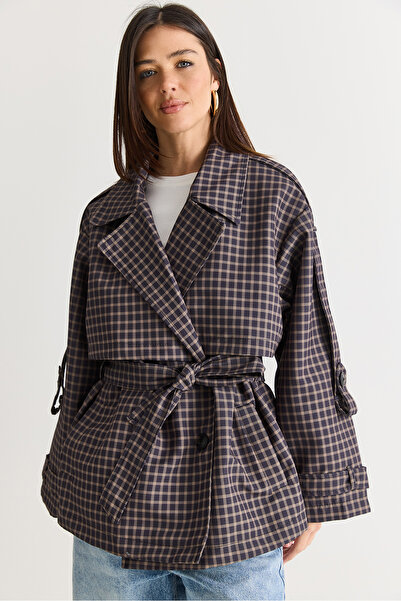 Bianco Lucci Women's Brown Plaid Patterned Lined Belted Pocket Detailed Water...