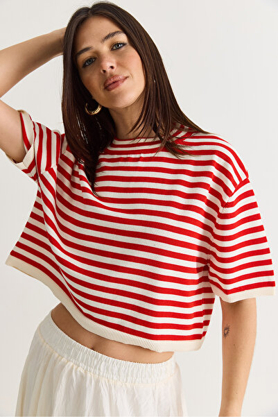 Bianco Lucci Women's Striped Crew Neck Short Sleeve Mercerized Knitwear Blous...
