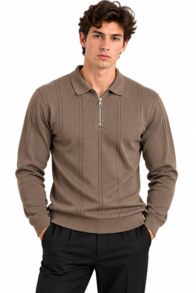 ribana Men's Ribbed Polo Collar Zippered Knitted Sweater 27151