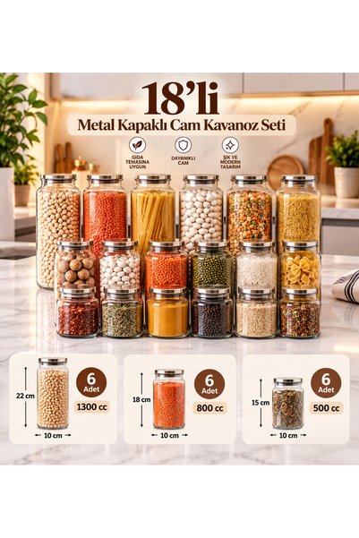 Kitchen Pembelia 18’li Metal Vakum Kapaklı Cam Bakliyat Erzak Saklama Kavanoz...