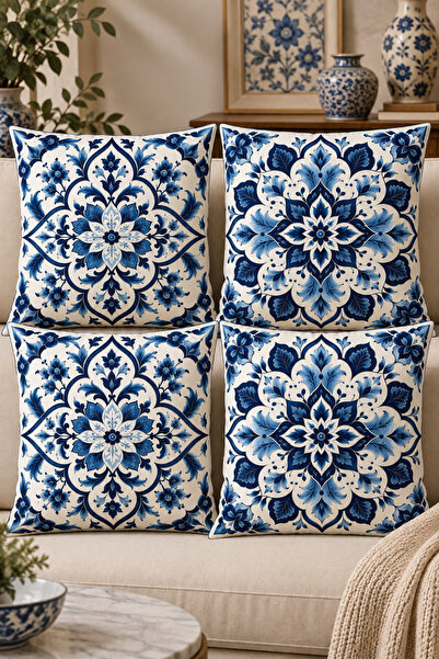 Hayal Dekoratif Mandala Tile Pattern Blue Colored Set of 4 Digital Printed Gi...