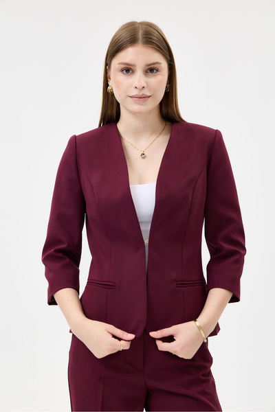 VELNARA MODA V Yaka Yarım Kol Zamansız Kadın Ceket Koyu Mürdüm - Velnara Tasa...