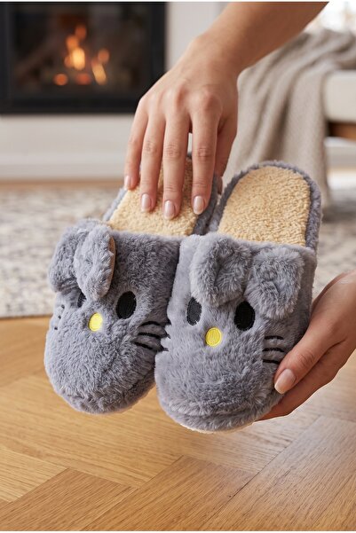 Moda Devrin Women's Gray Cute Cat Figured Plush House Slippers