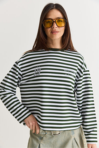 Bianco Lucci Women's White-Green Striped Digital Print Detailed Oversize Long...