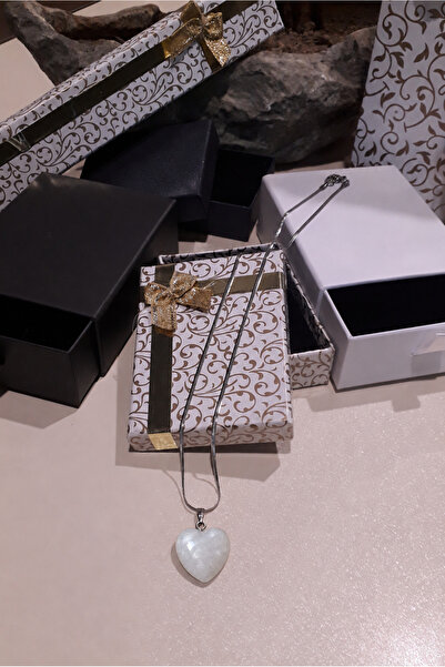 emirOmade White Quartz Natural Stone Necklace 45cm with Steel Chain 2.1X2.5Cm...