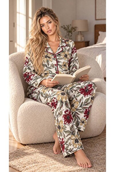 BERELLA Kadın Çiçek Desenli Gömlek Yaka Uzun Kollu Pijama Takımı
