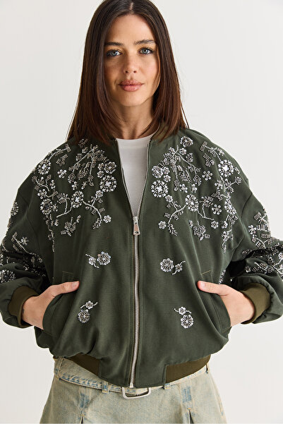 Bianco Lucci Women's Stone and Bead Embellished Oversize Zippered Bomber Jack...