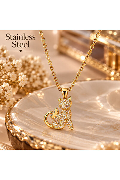 stainless steell Gold Color Zircon Stone Cat Figure Steel Necklace