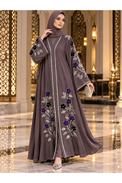 Generic Brand Luxury Mauve Floral Embroidered Abaya – Purple & Black Floral Design with Silver Detailing