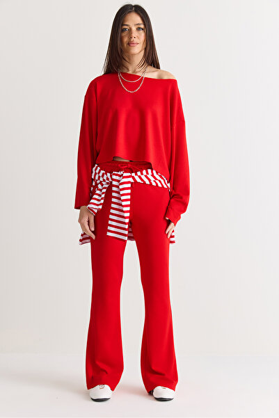 Bianco Lucci Women's Red Boat Neck Loose Blouse High Waist Spanish Leg Pants ...