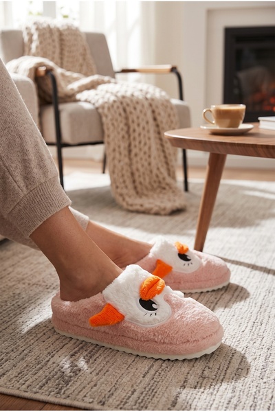 Moda Devrin Papuci de casă din pluș pudră pentru femei, cu figurină de pinguin drăguț - Papuci de pluș pentru femei cu talpă moale