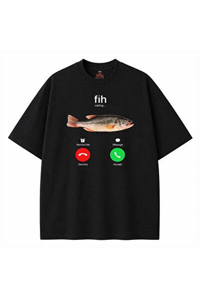 kun inaki Fih, Fish, Komik Balık Baskılı Siyah Unisex Tişört