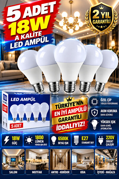 LED PAZARI 5 ADET 18 W 2 YIL GARANTİLİ A KALİTE PREMİUM AMPÜL KOLAY PATLAMAZ ...