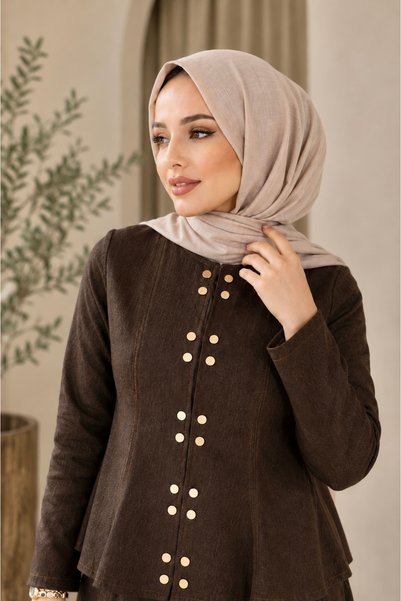 ASTEMİA Women's Gold Button Detailed Denim Jacket Skirt Set Sb0065