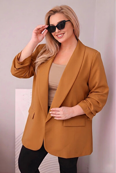 Kesi Blazer de damă oversize, mărime mare, camel închis, cu elasticitate conf...