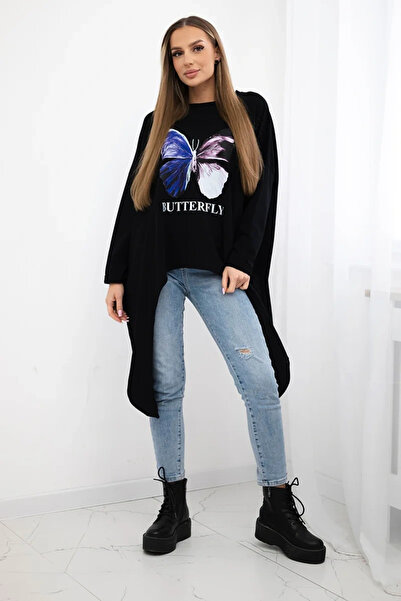 Kesi Tricou negru supradimensionat cu imprimeu cu fluturi și panouri laterale...