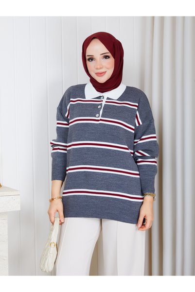 MİHRİZAR Women's Striped Polo Collar Knitwear Sweater Oversize Half Placket B...