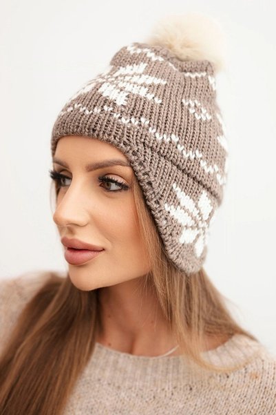 Kesi Căciulă de damă de iarnă din lână cu pompon K450 mocca + grafit
