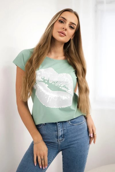 Kesi Tricou casual cu mânecă scurtă, verde mentă închis, cu imprimeu cu buze