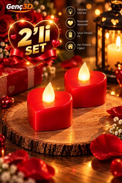 Genç 3D 2'li Set Kalp Şekilli Kırmızı Pilli LED Mum Romantik Sürpriz Yıldönüm...