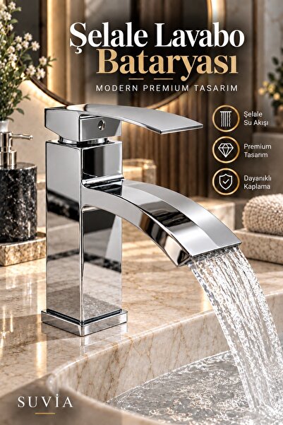 SUVİA Şelale Lavabo Bataryası Krom Banyo Bataryası Modern Lavabo Musluğu Şela...