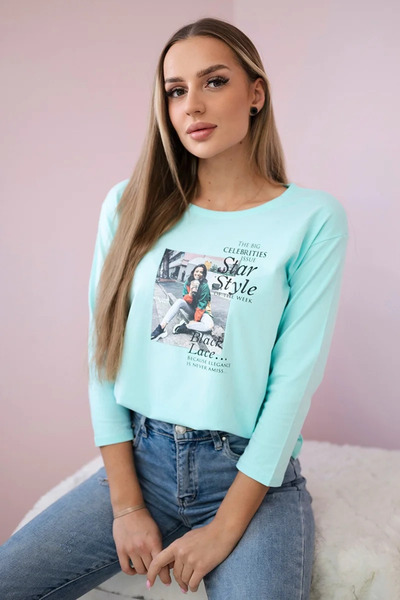 Kesi Tricou verde mentă cu imprimeu colorat în stil stea și amestec de bumbac...
