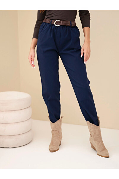 Kesi Pantaloni de damă din viscoză, bleumarin, cu curea și talie înaltă