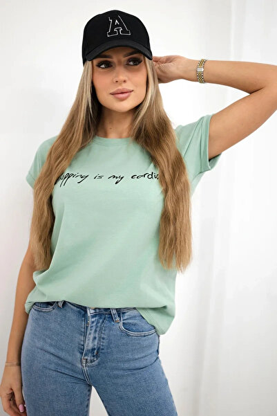 Kesi Tricou cu mânecă scurtă, mentă închisă, cu imprimeu  "Cumpărături sunt c...