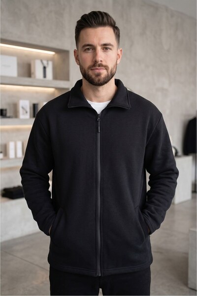 Erkek 3 İplik Şardonlu Fermuarlı Siyah Ceket / Sweatshirt