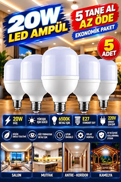 LED PAZARI 5 ADET 20 W TORC AMPÜL EKONOMİK BEYAZ IŞIK 6500 K 5li PAKET