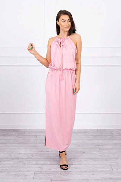 Kesi Rochie maxi boho roz pudră cu șliț și talie elastică, cu decolteu tip șnur.