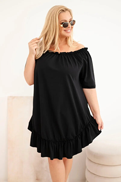 Kesi Rochie din bumbac mărime mare cu volane feminine în negru clasic