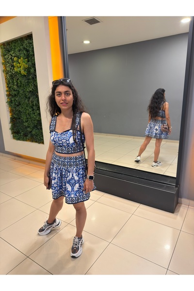 Kadın Desenli Büstiyer Mini Etek İkili Takım