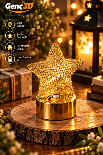 Genç 3D Gold Yıldız Tasarım Pilli LED Mum Işıklı Dekoratif Masa Üstü Objesi V...