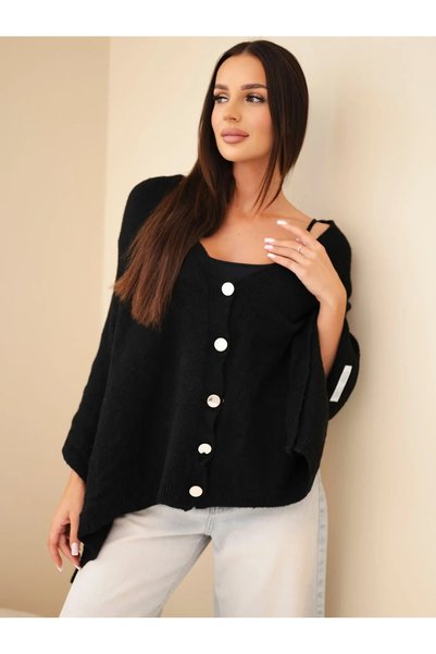 Kesi Poncho negru fără mâneci din amestec de baby alpaca, cu nasturi decorativi.