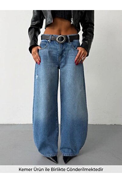 HerTon Pantaloni largi din denim pentru femei, cu rupturi, blugi cu croială l...